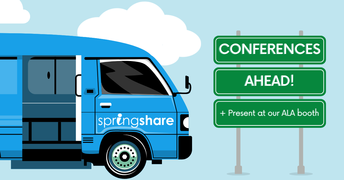 Blue van with Springshare logo next to sign that says Conferences Ahead!