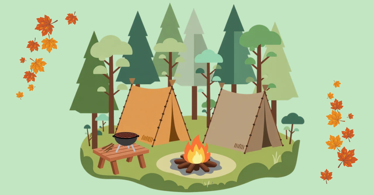 Camp scene with campfire burning 